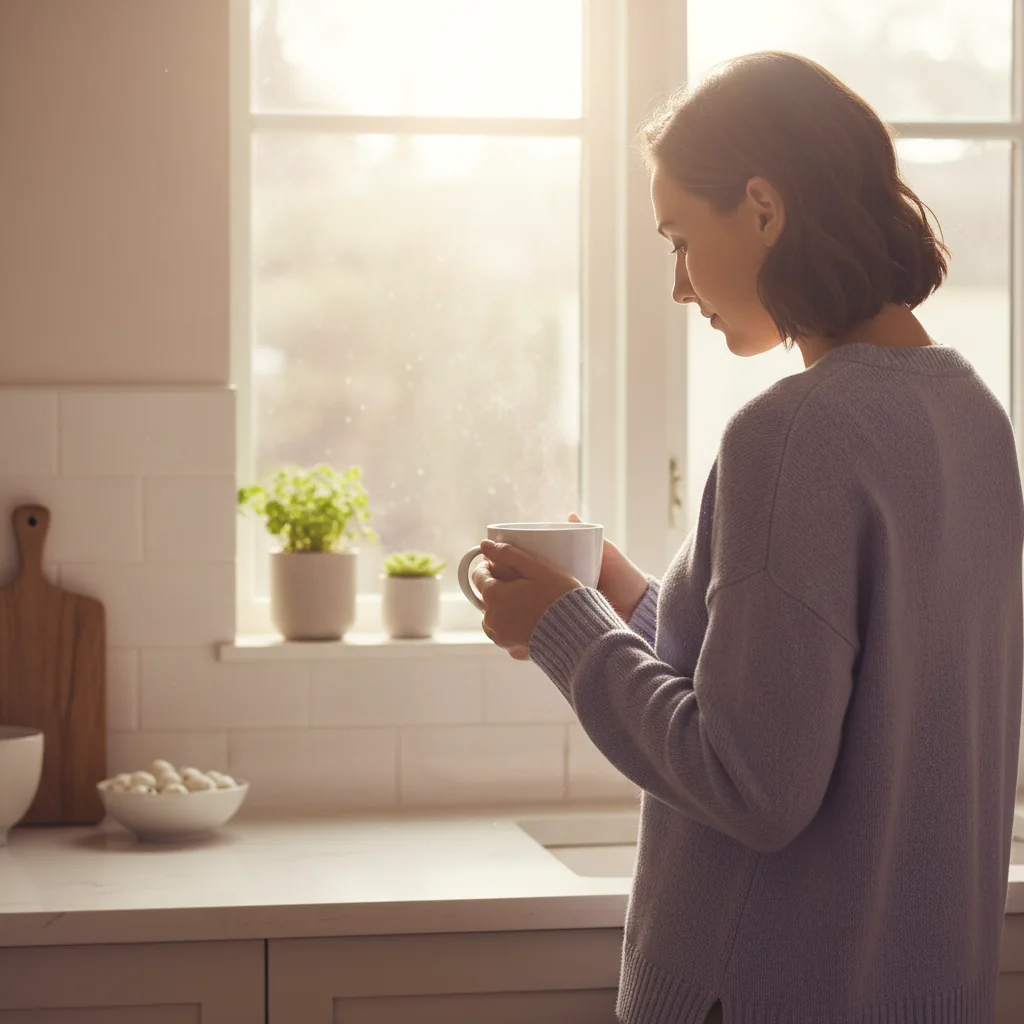 Person enjoying a warm morning drink as part of a daily wellness supplement routine